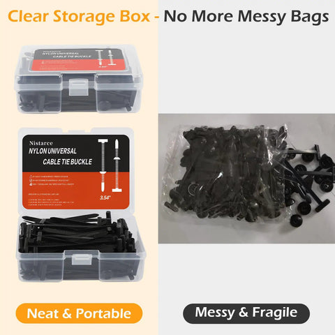 Premium Nylon Universal Cable Tie Buckle Kit With Clear Storage Box for car fender fasteners and zip tie clips.