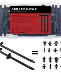 30Pcs Nylon Universal Cable Tie Buckles With Pin And Button T Rivet Clips shown in packaging and individual pieces for auto repair.