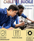 Two mechanics working on a car engine with cable tie buckle text, highlighting excellent workmanship and universal fit.