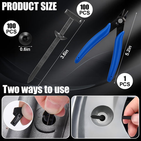 Universal Nylon Cable Tie Buckles With Wire Cutter 100 Pcs Self Locking Zip Tie Clips for cars, trucks, and motorcycles, close-up view.