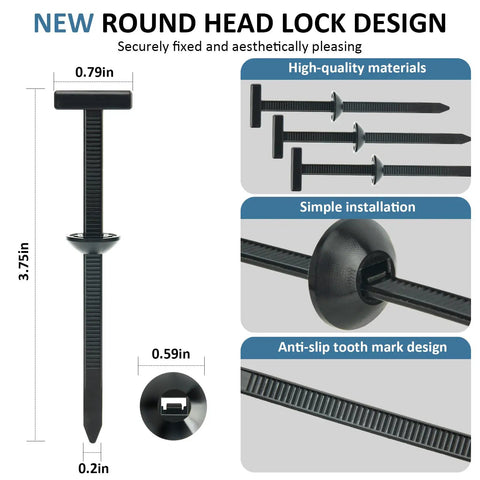 Dimensions and features of 50 Pack Nylon Universal Cable Tie Buckles Self Locking Retainers For Cars Easy Install Zip Tie Fasteners