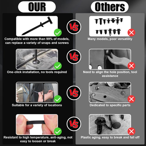 Comparison of Universal Nylon Cable Tie Buckles with Wire Cutter vs. other clips, highlighting versatility and ease of installation features.