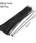 Nylon Cable Ties 8 Inch Self-Locking Zip Ties 0.08 Inch Width Black 100pcs shown in a bundle with measurements