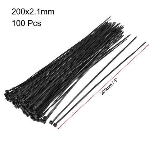 Nylon Cable Ties 8 Inch Self-Locking Zip Ties 0.08 Inch Width Black 100pcs shown in a bundle with measurements