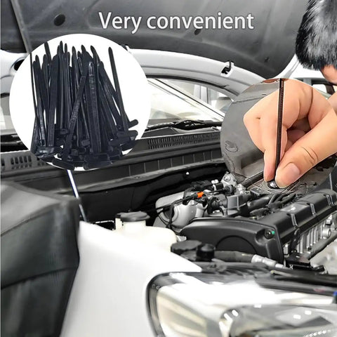 100 Pcs Multifunctional Nylon Universal Cable Ties With Pin Buckle Design UV Resistant Fasteners For Car Body Repair And Daily Automotive Maintenance in use under car hood