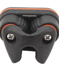 Front view of small nylon ball-bearing cam cleat with orange gasket and two screws for 3–6 mm rope on boats