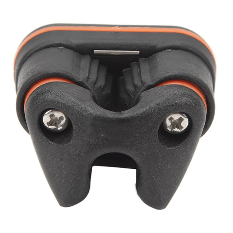 Front view of small nylon ball-bearing cam cleat with orange gasket and two screws for 3–6 mm rope on boats