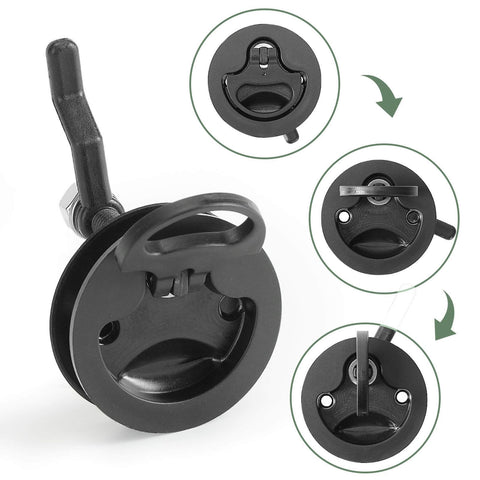 Heavy duty nylon reinforced cam latch with back plate, 4 pack marine hatch hardware for ships, yachts, and RVs shown from various angles.