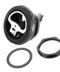 Durable marine cam latch with flush mount fits 2.5 inch hole, black nylon with stainless steel cam bars, O handle visible