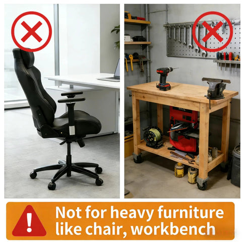 Image showing unsuitable use of 2 Inch Nylon Caster Wheels With Brake, 5/16-18 Threaded Stem UNC Coarse Thread on heavy chair and workbench.