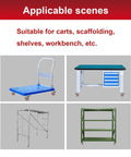 8 piece 4 inch heavy duty locking swivel casters with brakes shown on carts, workbench, and shelves in various settings.
