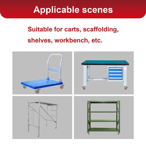 8 piece 4 inch heavy duty locking swivel casters with brakes shown on carts, workbench, and shelves in various settings.