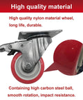 Close-up of an 8 piece 4 inch heavy duty locking swivel caster with brakes, nylon wheel, and metal mount for carts and workbenches.