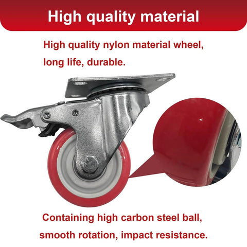Close-up of an 8 piece 4 inch heavy duty locking swivel caster with brakes, nylon wheel, and metal mount for carts and workbenches.
