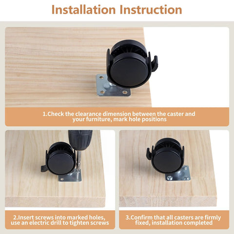 Installation of 1.5 Inch Nylon Plate Caster Wheels With Brakes, showing caster attached to wood, emphasizing process and tools needed.
