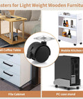 1.5 Inch Nylon Plate Caster Wheels With Brakes, swivel furniture casters shown on coffee table, kitchen cart, file cabinet, PC case