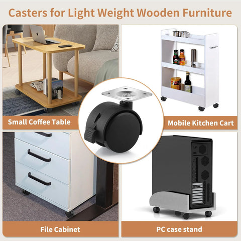 1.5 Inch Nylon Plate Caster Wheels With Brakes, swivel furniture casters shown on coffee table, kitchen cart, file cabinet, PC case