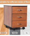Wooden file cabinet on 1.5 Inch Nylon Plate Caster Wheels With Brakes, shown on hardwood, carpet, and tile