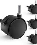 Set of 4 black 2 Inch Nylon Caster Wheels With Brake, 5/16-18 Threaded Stem UNC Coarse Thread, for small furniture and carts.