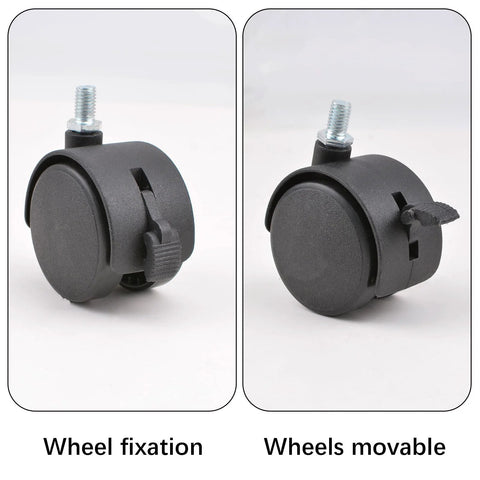 4 Pcs 2 Inch Nylon Caster Wheels With Brakes Black Swivel Castors With M7.5 Threaded Stem showing brake and unlocked positions