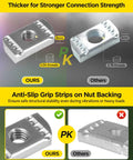 Comparison of two nylon channel squeeze nuts, highlighting thicker 8mm ours vs thinner 6mm others, showing threads and grip strips.