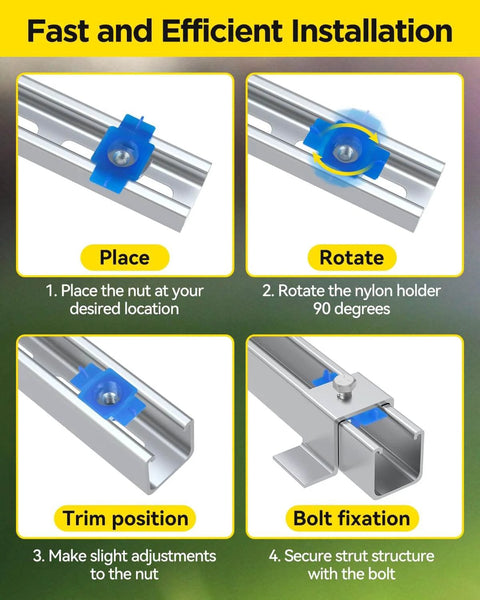 Durable nylon channel squeeze nut and bolt set delivers fast, tool free positioning for American channel systems installation steps