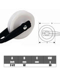 Image of a 2 PCS Nylon Clothesline Pulley, 2-1/2-inch diameter white nylon pulley with black bracket, side view, diagram included.