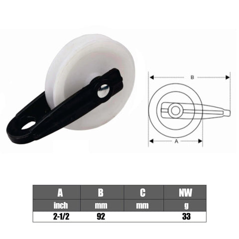 Image of a 2 PCS Nylon Clothesline Pulley, 2-1/2-inch diameter white nylon pulley with black bracket, side view, diagram included.