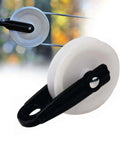 2 PCS Nylon Clothesline Pulley, 2-1/2-inch Diameter Nylon Pulley, installed outdoors with rope, close-up view