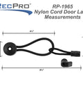 Pocket Door Holder with Bungee Cord And Pull Tab For RVs And Cabinets shown with measurements, 4.5 inch nylon cord latch, top view.