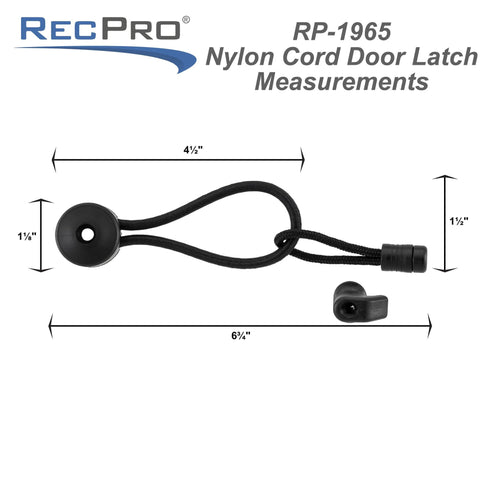 Pocket Door Holder with Bungee Cord And Pull Tab For RVs And Cabinets shown with measurements, 4.5 inch nylon cord latch, top view.