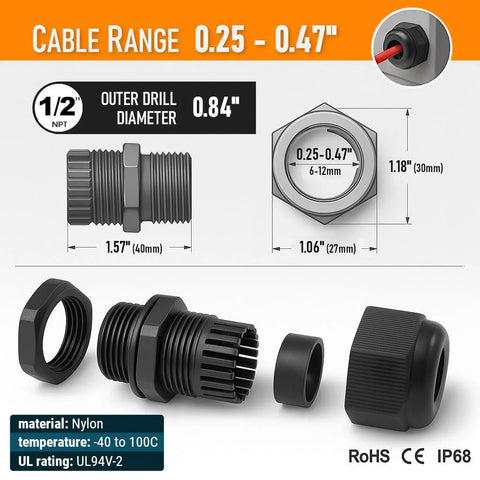 Exploded view of Half Inch NPT Strain Relief Nylon Cord Grip Cable Gland Black Plastic Grommet 5 Pack for cables 6 to 12 mm.