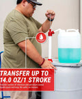Person operating Lift-Action Nylon Chemical-Resistant Drum Pump For 15 To 55 Gallon Barrels, Delivers 14 Oz Per Stroke, 2-Inch NPS Bung