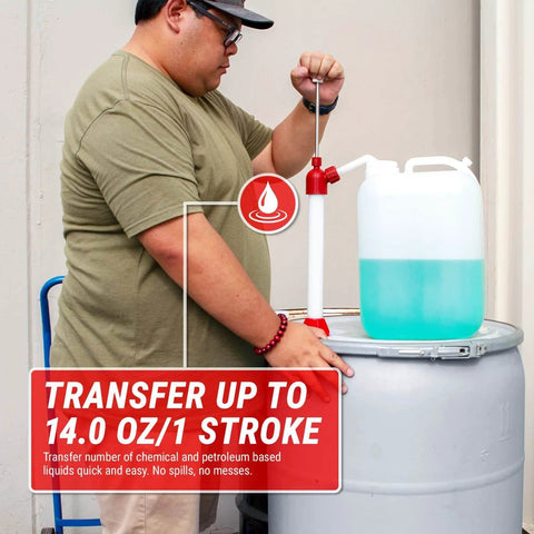 Person operating Lift-Action Nylon Chemical-Resistant Drum Pump For 15 To 55 Gallon Barrels, Delivers 14 Oz Per Stroke, 2-Inch NPS Bung