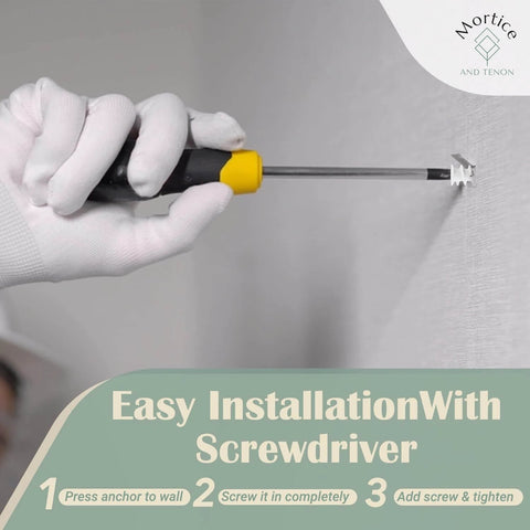 Hand installing Reinforced Nylon 66 Drywall Repair Anchor with Carbon Steel Screw into wall using screwdriver, detailed view