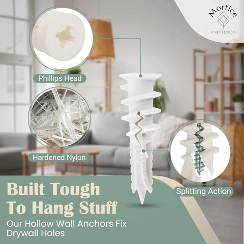 Reinforced Nylon 66 Drywall Anchors 90lb Limit, showcasing structure, self drilling design, splitting action, for home projects, picture hanging