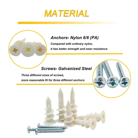 3 Sizes Self Drilling Drywall Anchors, 310PCS Nylon Plastic Wall Anchors and Screws for Drywall, shown with nylon anchors and galvanized screws.