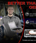 Smiling mechanic holding 8mm Nylon Fender Fasteners For UTV ATV 200 pcs kit with removal tool next to product features display.