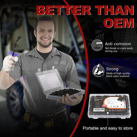 Smiling mechanic holding 8mm Nylon Fender Fasteners For UTV ATV 200 pcs kit with removal tool next to product features display.