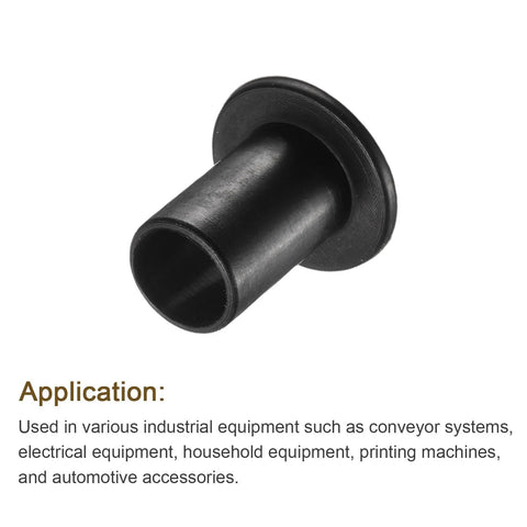 12 Pack Nylon Flanged Sleeve Bearings Black With Bore 10.1mm showing side view, flanged design for industrial use in conveyors and printers.