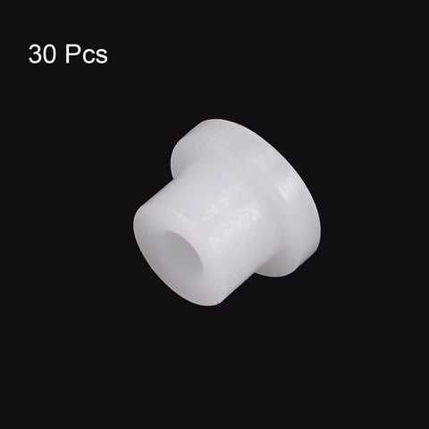 30 Pieces Flanged Sleeve Bearings Nylon Bushings for Shaft With 2mm Bore 4.4mm Outer Diameter, shown in white against a black background