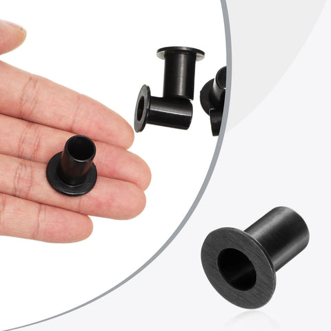 12 Pack Nylon Flanged Sleeve Bearings Black With Bore 10.1mm, hand holding a flanged bushing showing size and flange detail.