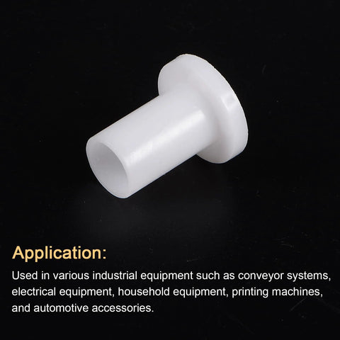 Close-up of nylon flanged sleeve bearing in white, flanged sleeve, self-lubricating, 10mm bore x 12mm OD, for industrial applications.