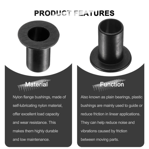 12 Pack Nylon Flanged Sleeve Bearings Black With Bore 10.1mm, product features and details overview, material and function text descriptions.