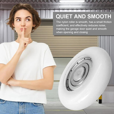 Two Pack White Nylon Garage Door Rollers With 1.8 Inch Wheel Diameter And 4.72 Inch Overall Wheel Length, Quiet High Load Replacement Wheels shown with a person gesturing for quietness