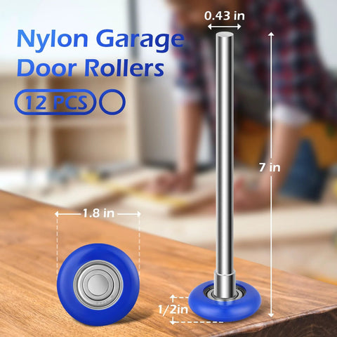 12 Pcs Nylon Garage Door Rollers 1.8 Inch Replacement Wheels For 2 Inch Track With 7 Inch Extended Stem Quiet Durable High Load