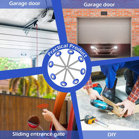 Collage showing practical uses of 12 Pcs Nylon Garage Door Rollers 1.8 Inch Replacement Wheels for sliding gates and DIY projects.