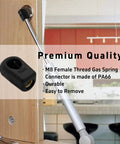4 Pack Gas Strut End Fittings For 10Mm Ball Socket With M8 Thread Nylon Lift Support Joint Connector Black Straight Detachable Shock Absorber Ideal For Automotive Applications Great For Fast Install And Heavy Duty Use, shown in use on a cabinet door with illustration details.