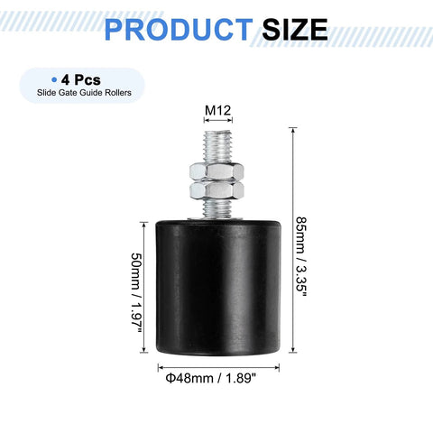 Four Pack Gate Guide Rollers With Two Inch Nylon Wheels And Gate Support Assembly with measurements and features listed.