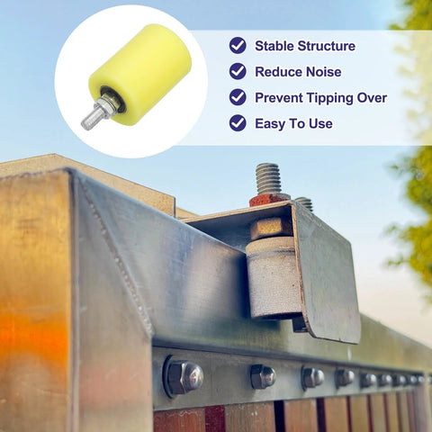 4Pcs Slide Gate Guide Rollers Set With 60x80 Mm Nylon Wheels, 12 Mm Thread, installed on metal gate frame, shown in beige finish.